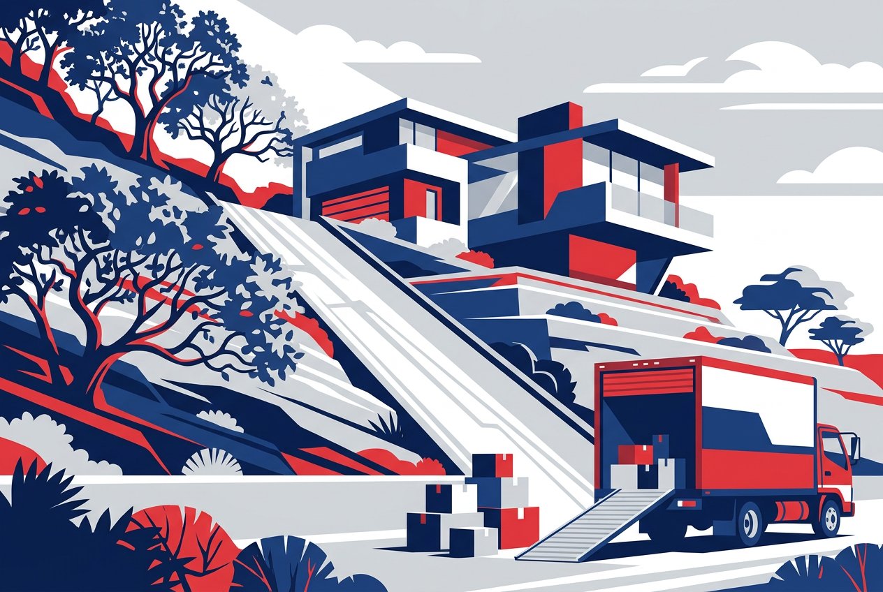 Illustration of a moving truck with ramp parked below a hillside home with a steep driveway, as in the Auburn foothills