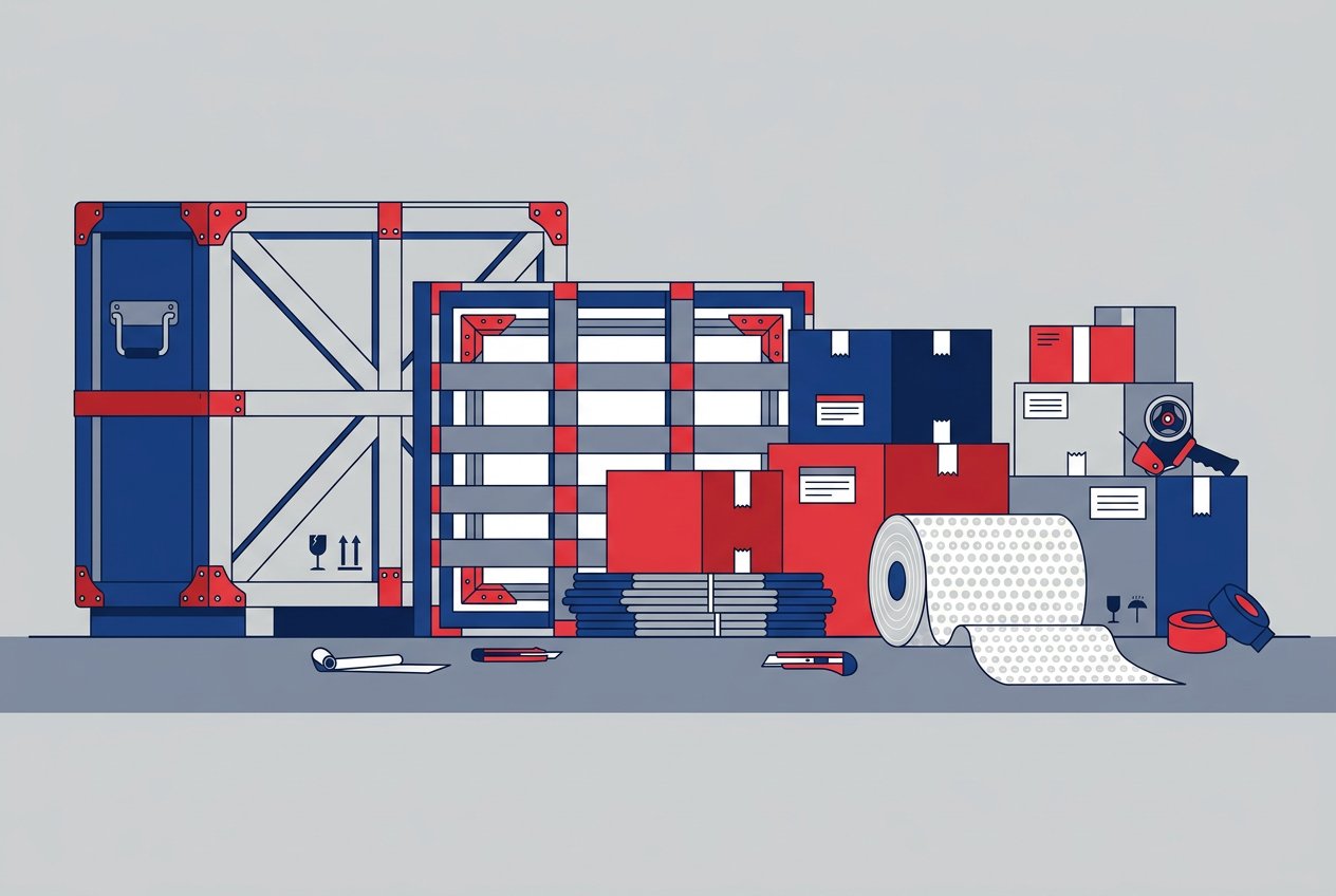 Illustration of moving crates, boxes, bubble wrap and packing tape for professional packing in Auburn, CA